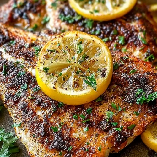 Golden-spiced baked red snapper fillets topped with lemon slices and parsley on a platter, showing a crisp crust and tender, flaky flesh.