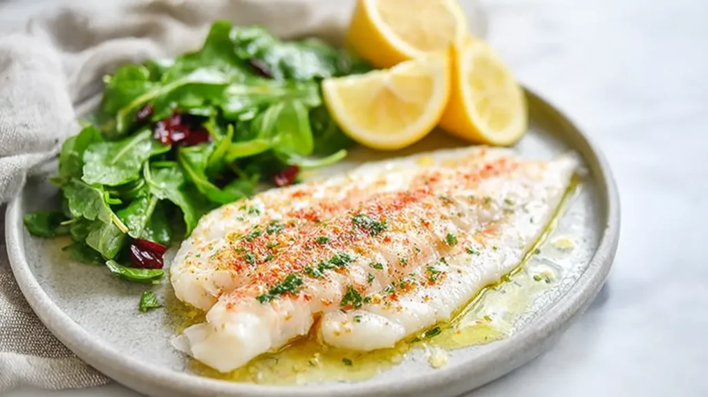 Tender baked red snapper fillet with lemon-garlic butter and herbs, served with arugula salad and lemon wedges on a stoneware plate.