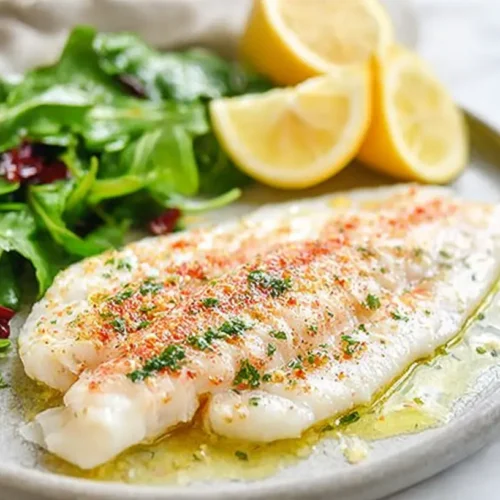Tender baked red snapper fillet with lemon-garlic butter and herbs, served with arugula salad and lemon wedges on a stoneware plate.