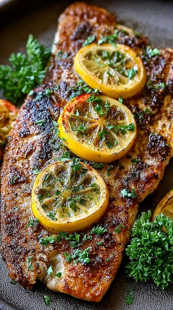 Close-up of baked red snapper fillet topped with three caramelized lemon slices and chopped parsley on a stoneware plate.
