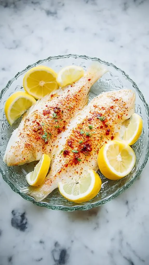 Seasoned red snapper fillets in a glass baking dish with lemon wedges, sprinkled with paprika, garlic, and herbs.