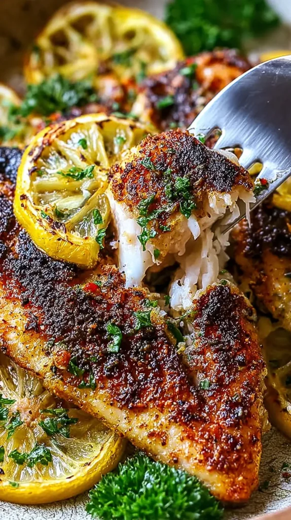Close-up of a fork lifting a flaky bite from spice-crusted baked red snapper, with roasted lemon slices and parsley.