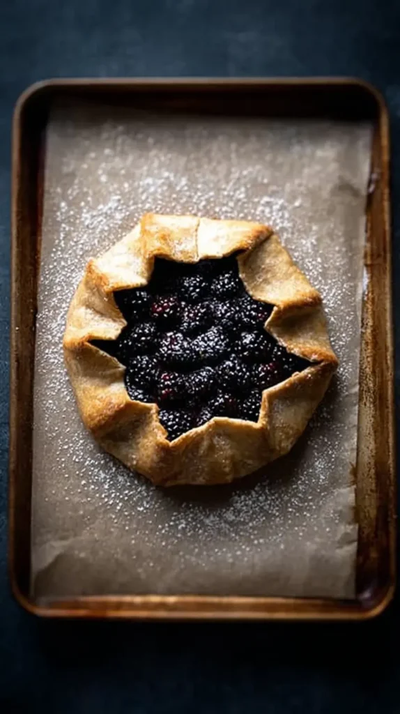 Golden-brown blackberry galette with crimped edges baked on parchment-lined pan, dusted with sugar
