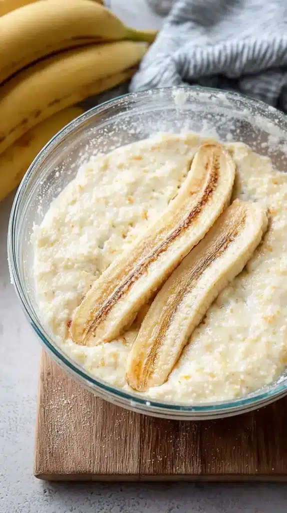 Banana bread batter in a glass bowl topped with two split ripe bananas ready to mix.