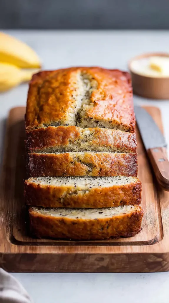 Whole loaf of banana bread with buttermilk sliced on a wooden board, ready to serve.