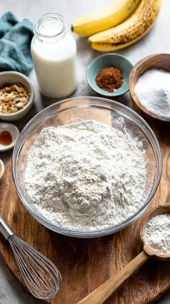 Banana bread dry ingredients in a glass bowl surrounded by buttermilk, bananas, and spices on a wooden board.
