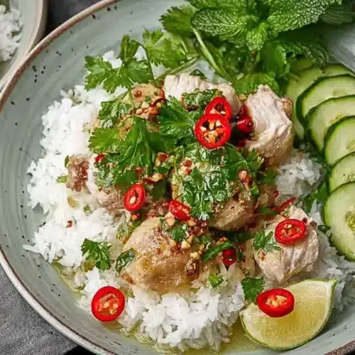 thai lemongrass chicken recipe served over jasmine rice with cucumbers, cilantro, mint, lime, and red chilies