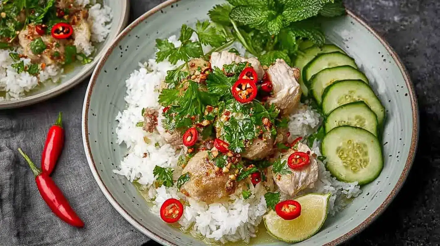 thai lemongrass chicken recipe served over jasmine rice with cucumbers, cilantro, mint, lime, and red chilies
