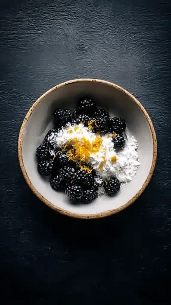 Fresh blackberries tossed with sugar and lemon zest in a ceramic bowl, overhead on dark background