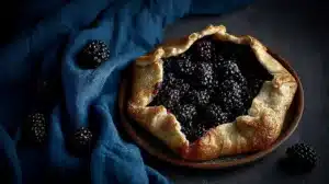 Rustic blackberry galette on a stoneware plate, flaky sugared crust and glossy blackberry filling