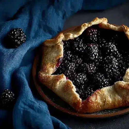 Rustic blackberry galette on a stoneware plate, flaky sugared crust and glossy blackberry filling
