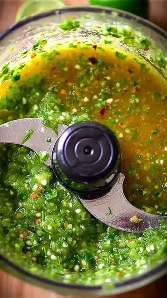 Blended jalapeno hot sauce recipe whirling in a food processor with herbs and spices.