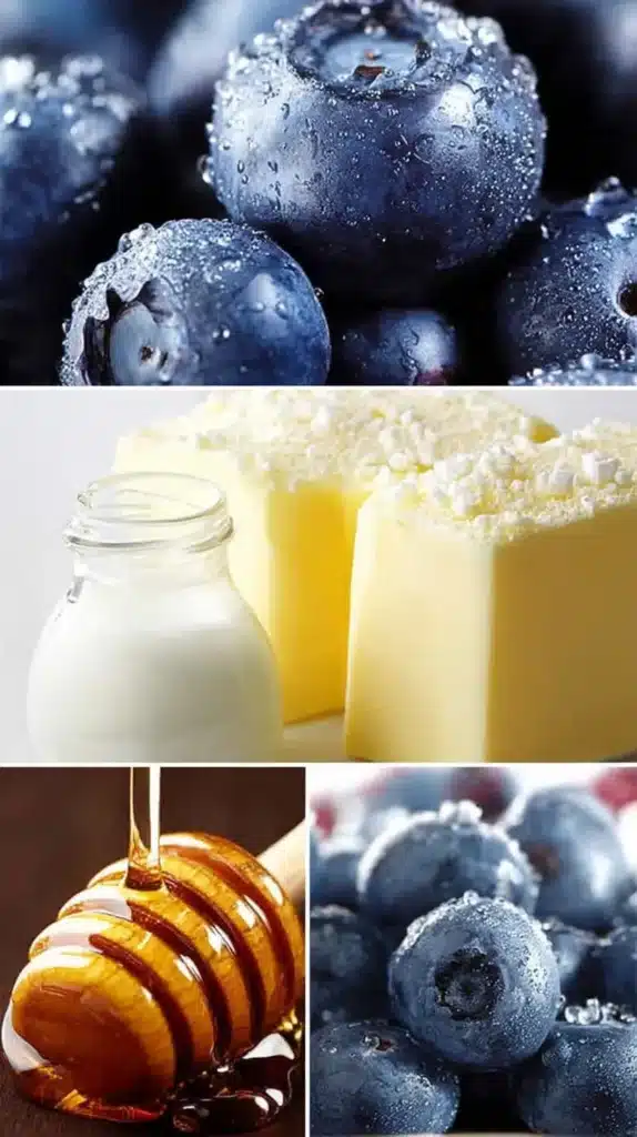 Collage showing fresh dewy blueberries, a small bottle of buttermilk beside butter, a honey dipper with flowing honey, and more blueberries on a white background.
