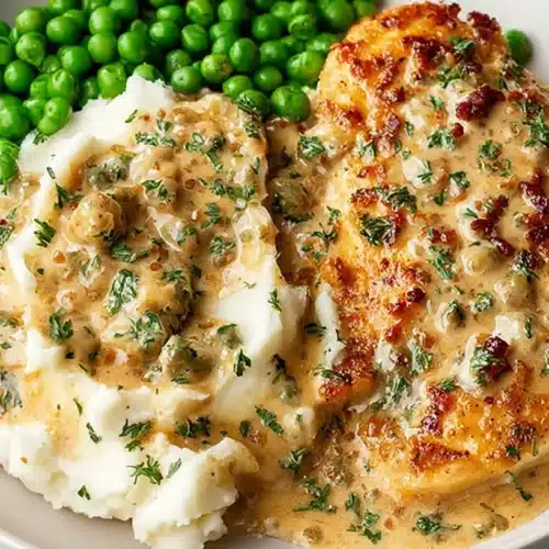 Crispy seared chicken breast topped with creamy Boursin sauce, served with mashed potatoes and bright green peas on a white plate.