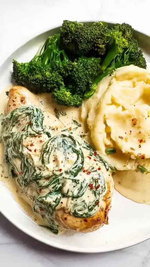 Seared chicken breast topped with creamy Boursin-spinach sauce, served with steamed broccoli and mashed potatoes on a white plate.