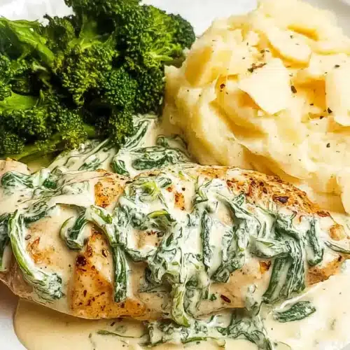 Seared chicken breast smothered in a rich Boursin garlic-herb cream sauce with wilted spinach, served on a white plate alongside mashed potatoes and steamed broccoli.