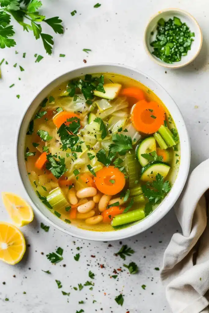 Overhead view of a detox vegetable soup bowl with clear broth, carrots, celery, zucchini, white beans, cabbage and fresh parsley, on a light surface with lemon wedges.