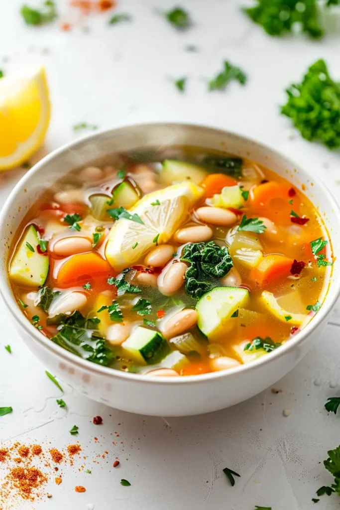 Detox vegetable soup in a white bowl on a light surface, filled with carrots, zucchini, white beans, leafy greens and lemon wedges in a clear broth, sprinkled with parsley.