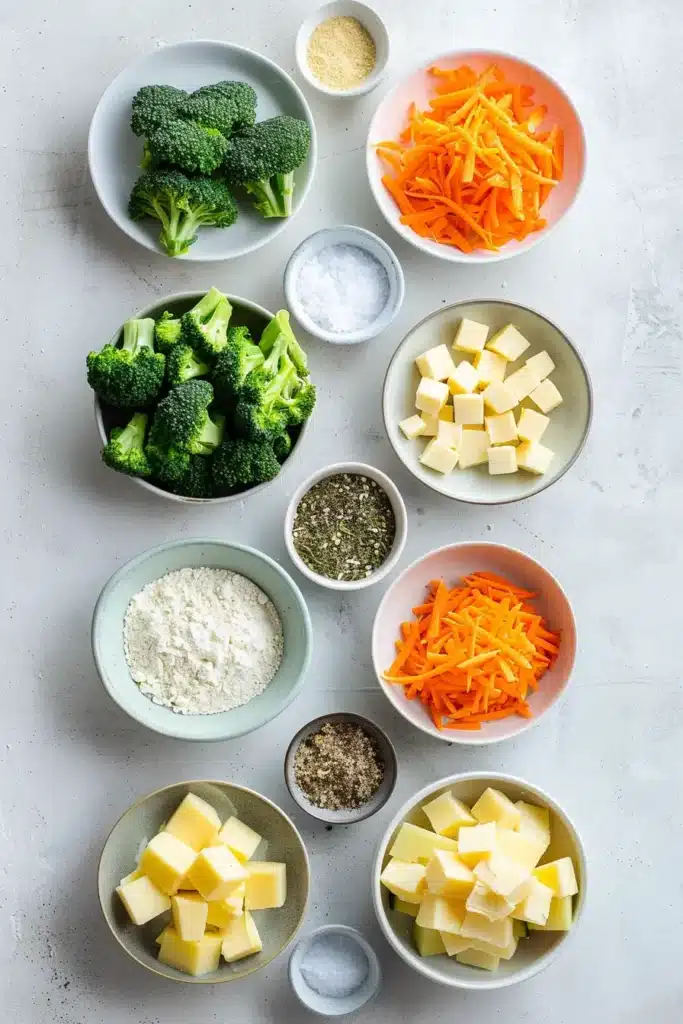 Overhead view of broccoli cheddar soup ingredients arranged in separate small bowls, including fresh broccoli florets, shredded carrots, cheese cubes, flour, herbs, and seasonings on a light background.
