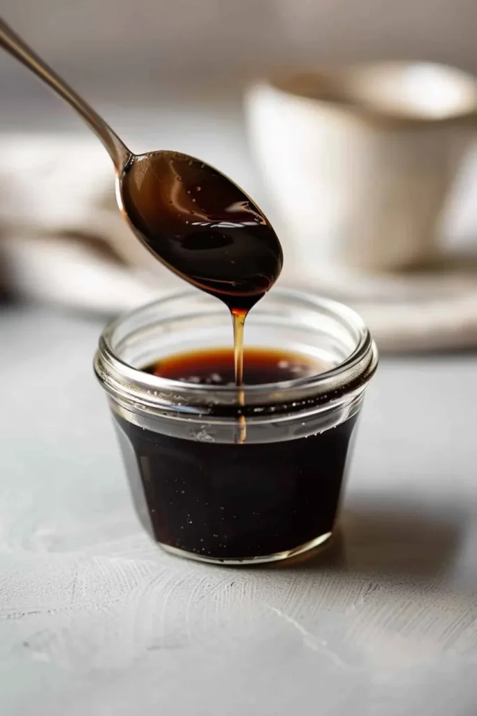 Spoon drizzling dark brown sugar syrup back into a small glass jar.