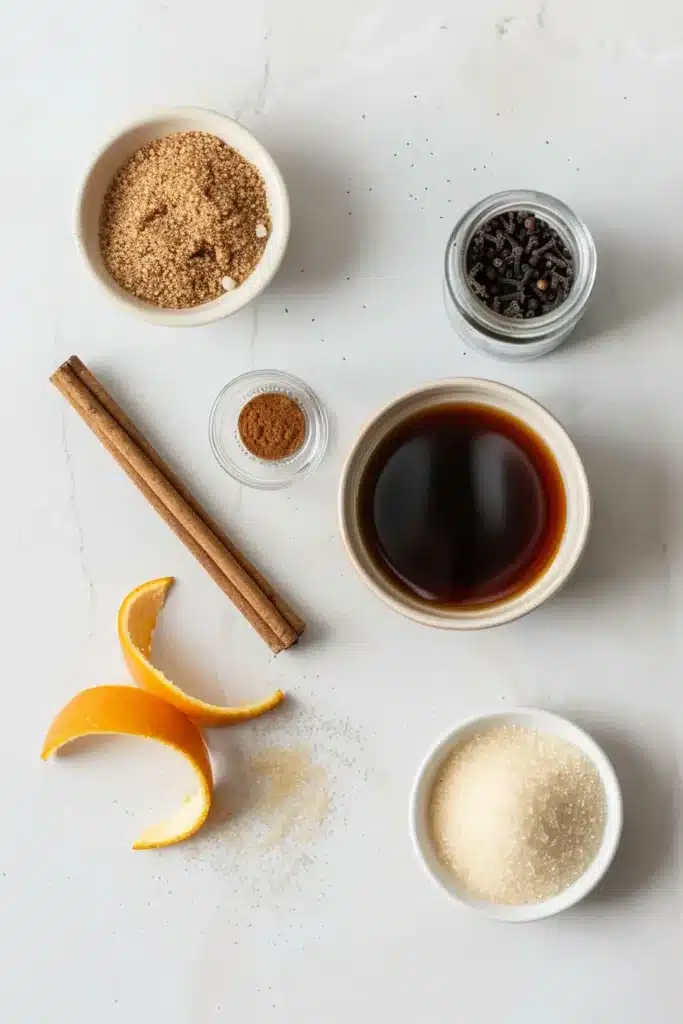 Overhead view of brown sugar syrup ingredients including sugar, spices, orange peel and vanilla.