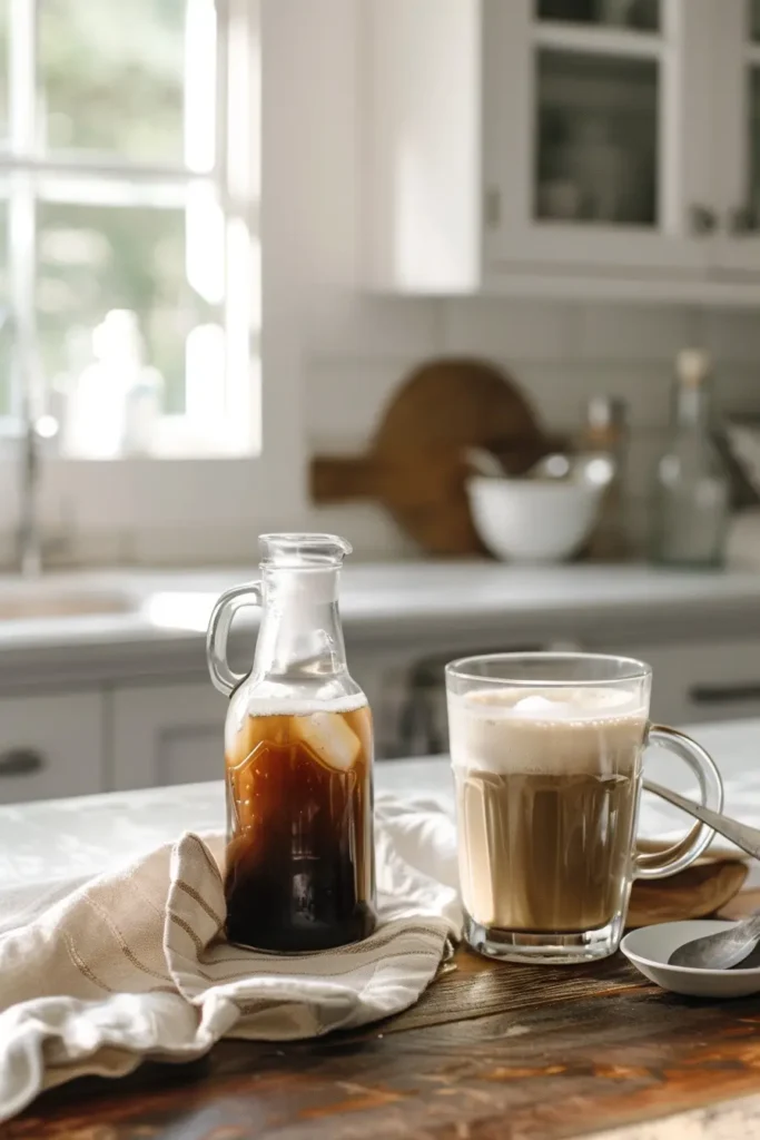 Glass bottle of brown sugar syrup recipe next to a latte on a bright kitchen counter.
