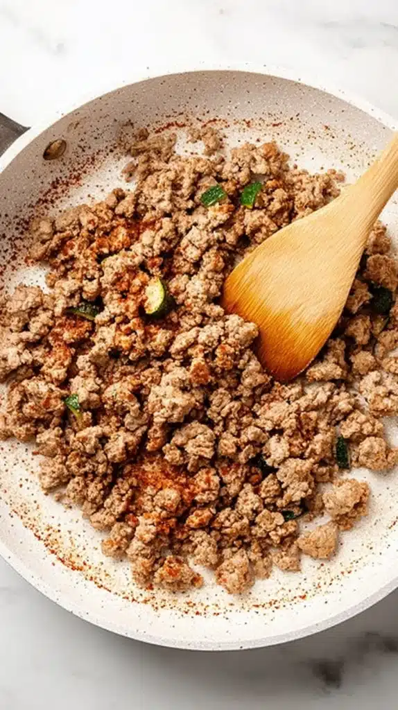 Ground turkey browning with spices in a white skillet