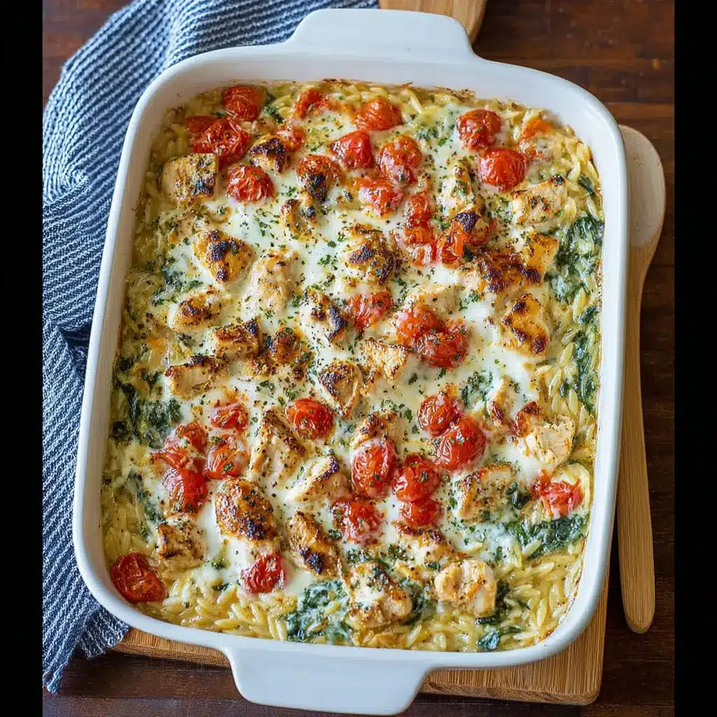 Creamy Chicken Orzo Bake – Simple Family Favorite 4 Golden-browned creamy chicken orzo casserole in a white baking dish, topped with roasted cherry tomatoes and herbs on a wooden board.