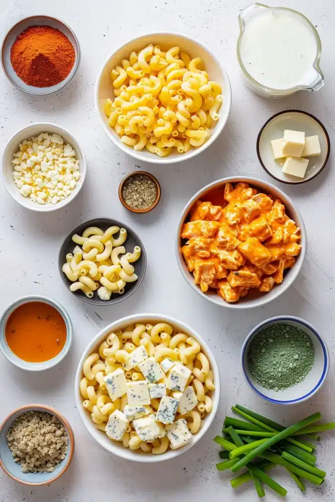 Flatlay of buffalo chicken mac bowl ingredients in separate bowls, including elbow macaroni, buffalo chicken, milk, butter, cheeses, spices and green onions on a light surface.