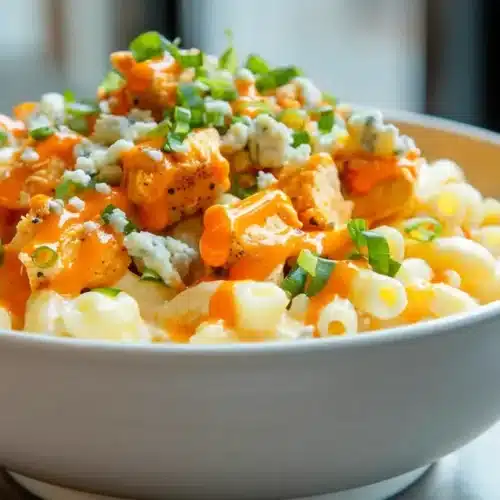 Buffalo chicken mac bowl in a white dish, creamy macaroni topped with buffalo chicken pieces, blue cheese crumbles and green onions.