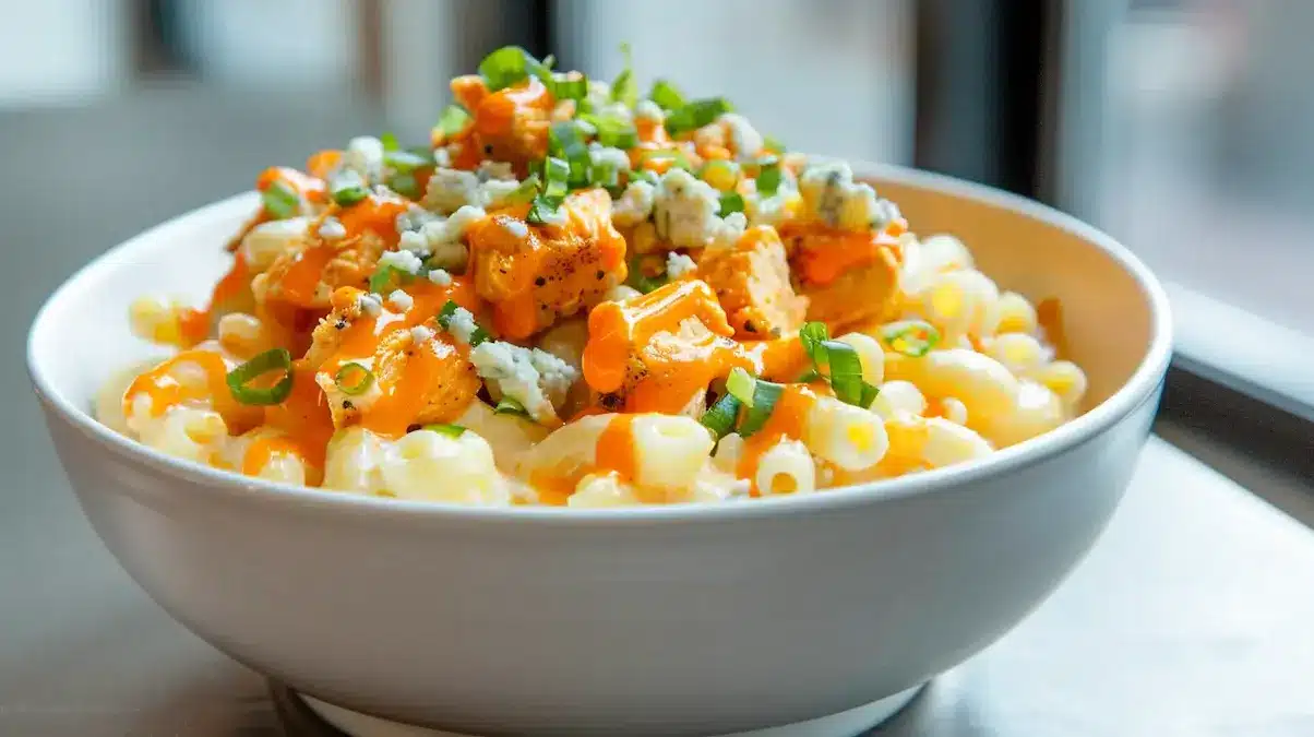 Buffalo chicken mac bowl in a white dish, creamy macaroni topped with buffalo chicken pieces, blue cheese crumbles and green onions.