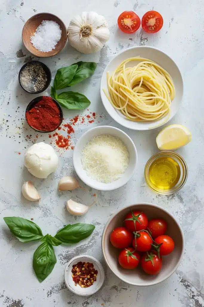Overhead view of pasta, cherry tomatoes, burrata, garlic, basil, lemon, spices, and olive oil.