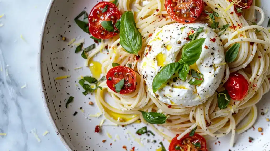 Overhead plate of spaghetti topped with burrata, roasted cherry tomatoes, basil, and lemon zest.