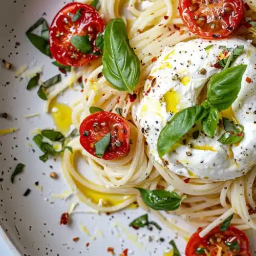 Overhead plate of spaghetti topped with burrata, roasted cherry tomatoes, basil, and lemon zest.