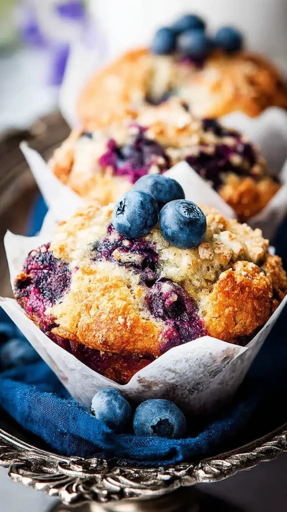 Close-up of a tall bakery-style buttermilk blueberry muffins with crumb topping and fresh blueberries on top, wrapped in a parchment liner.