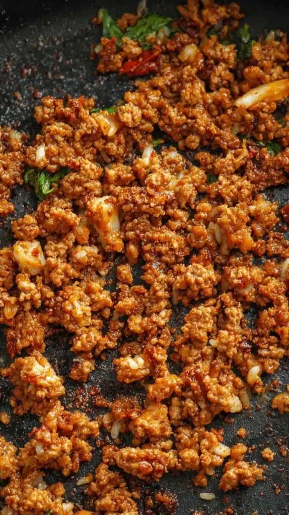 Ground turkey sizzling in a skillet with browned bits and aromatics