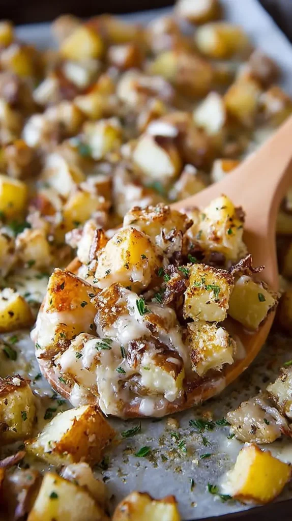 Potatoes with Lipton Onion Soup: Easy, Crispy & Amazing scooped from the sheet pan with melted cheese and herbs.