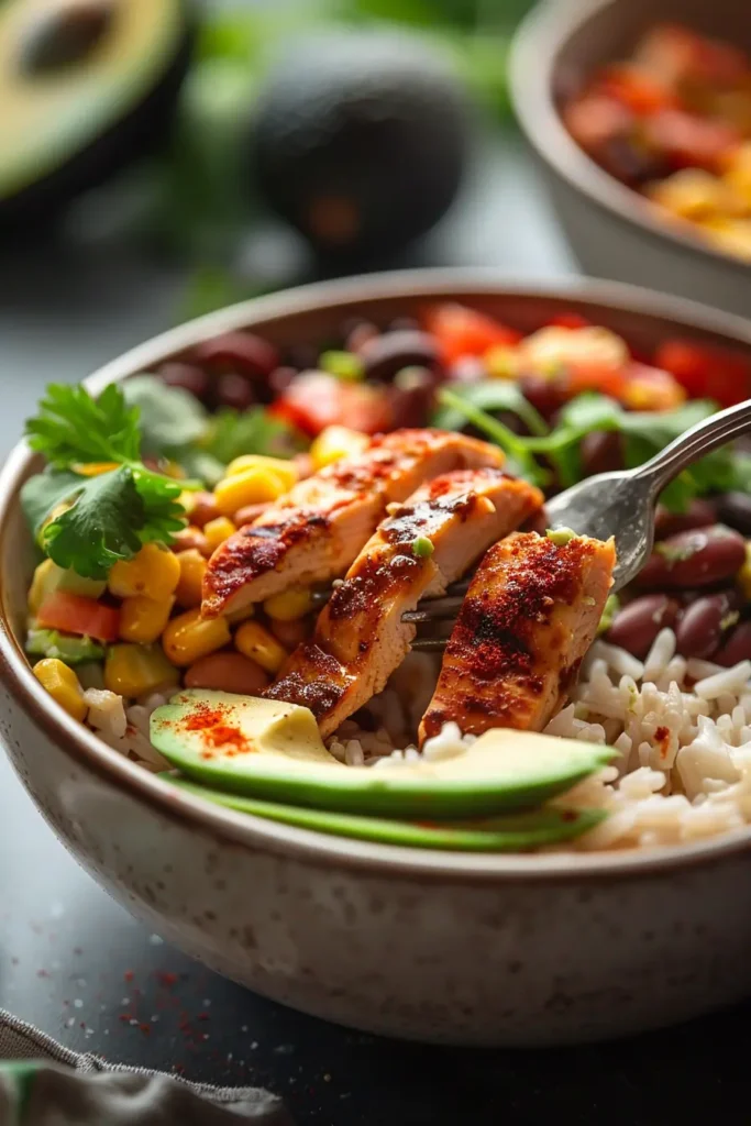 Close-up of a chicken avocado bowl with juicy grilled chicken slices, avocado, corn, beans, rice and cilantro, with a fork lifting a piece of chicken