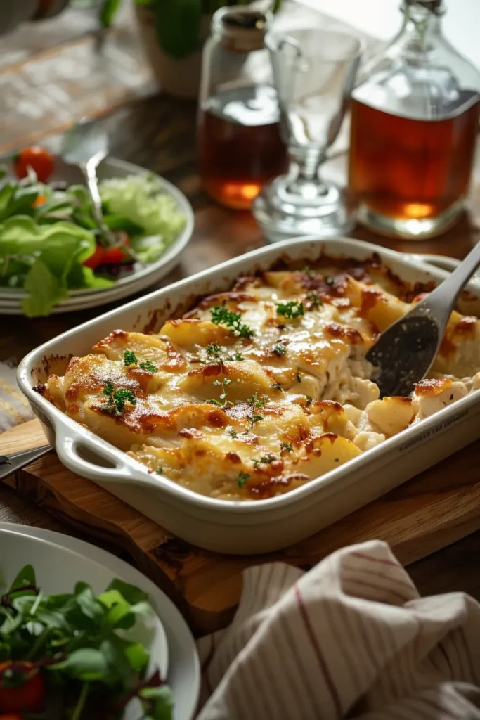 Chicken potato bake in a white baking dish on a wooden board, with a serving spoon, fresh green salad and glasses of iced tea on the table.