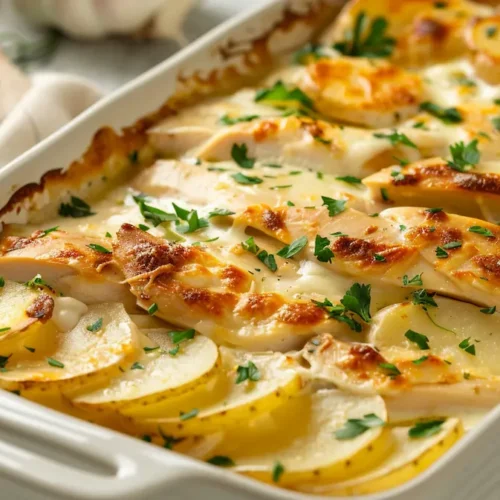 Creamy chicken potato bake in a white ceramic dish, with golden sliced potatoes, tender chicken and melted cheese topped with fresh parsley.