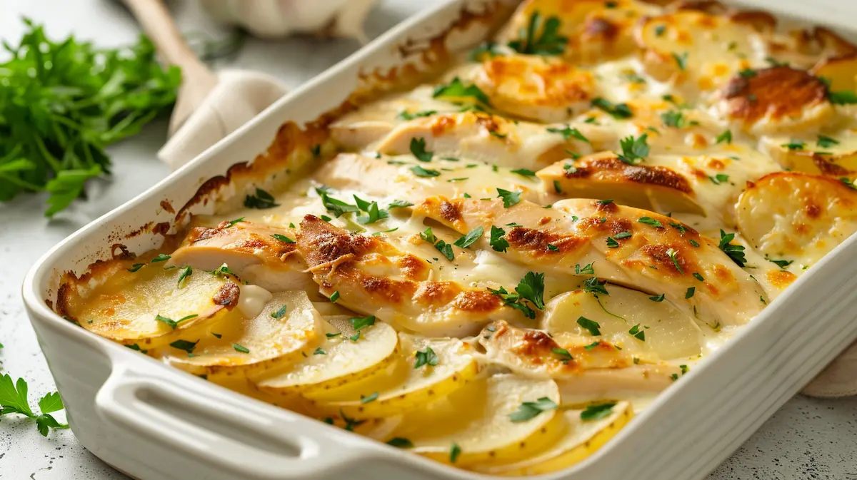 Creamy chicken potato bake in a white ceramic dish, with golden sliced potatoes, tender chicken and melted cheese topped with fresh parsley.