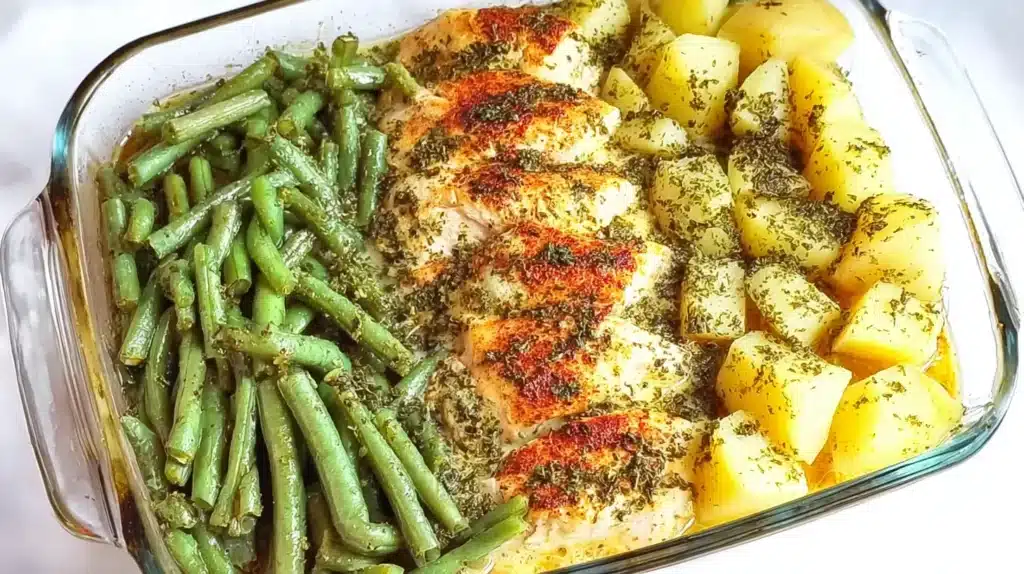 Glass baking dish with herb-seasoned chicken breasts, diced potatoes, and green beans baked together in a buttery broth.