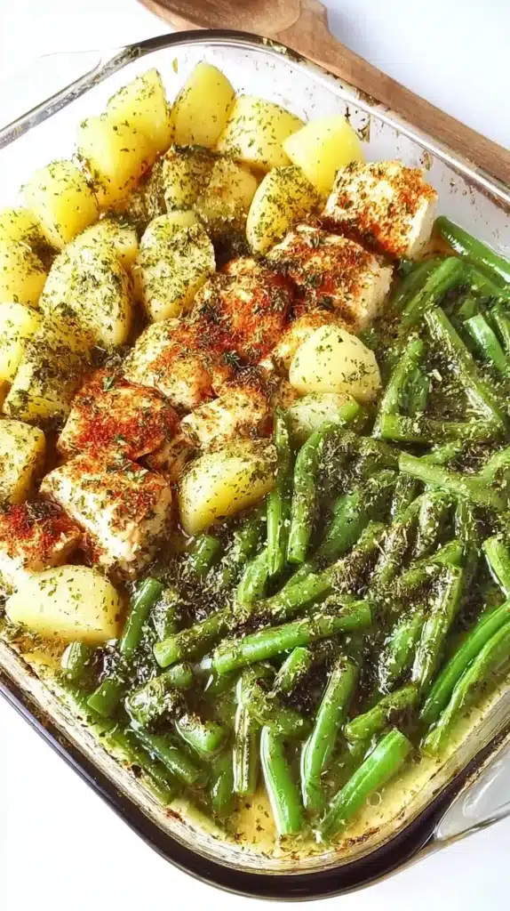 Glass casserole with rows of diced potatoes, seasoned chicken pieces, and green beans simmering in a golden garlic-herb broth, sprinkled with paprika and parsley.