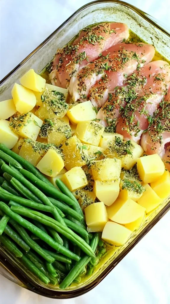 Glass casserole with seasoned raw chicken breasts, herb-coated potato cubes, and fresh green beans arranged in neat sections, ready for the oven.