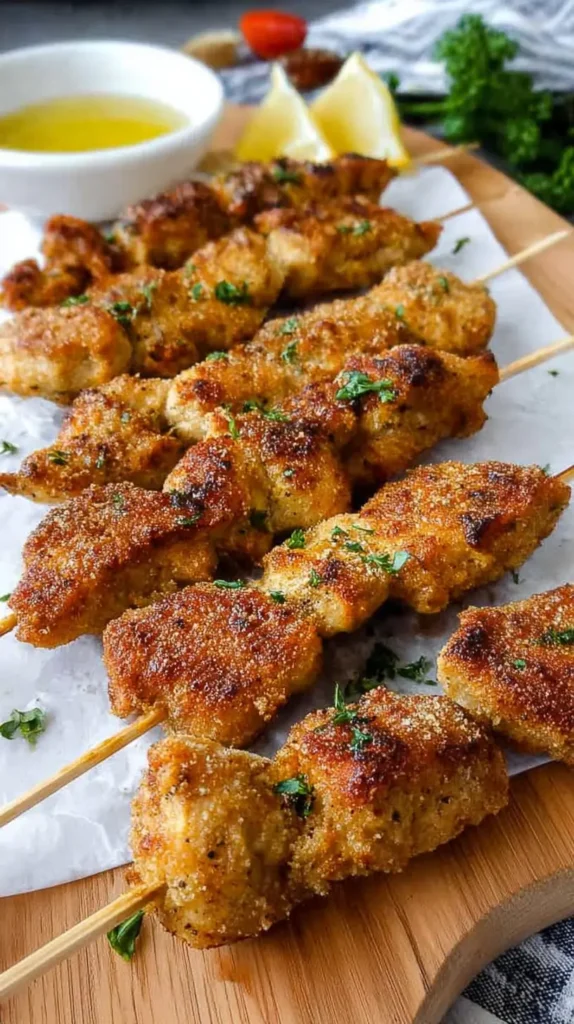 Chicken Spiedini skewers on a wooden board with lemon wedges and dipping sauce.