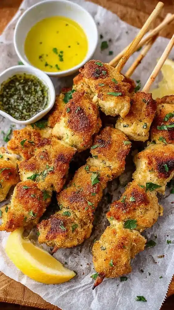Crispy Chicken Spiedini skewers with bowls of lemon butter and herb sauce.