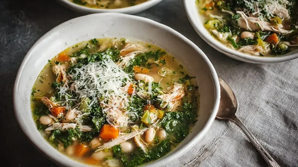 Chicken and white bean soup in a white bowl, topped with shredded Parmesan, kale, and carrots for a vibrant cozy dinner.