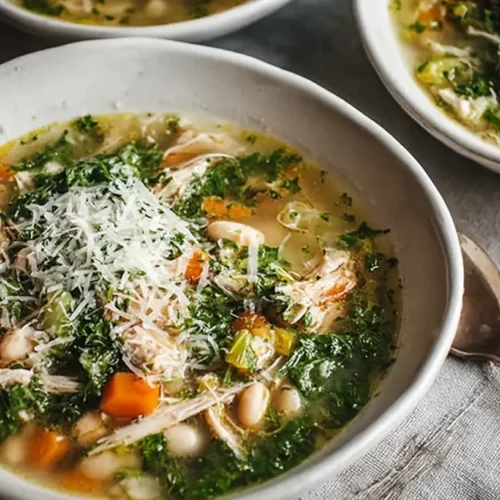 Chicken and white bean soup in a white bowl, topped with shredded Parmesan, kale, and carrots for a vibrant cozy dinner.