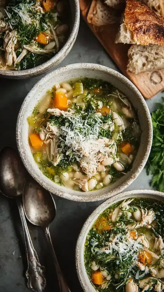 Three bowls of chicken and white bean soup filled with vegetables, beans, herbs, and Parmesan cheese.