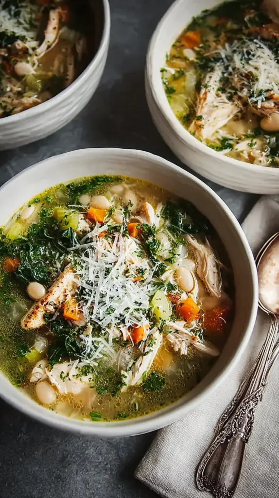 Chicken and white bean soup in a rustic white bowl, topped with shredded Parmesan and fresh herbs.